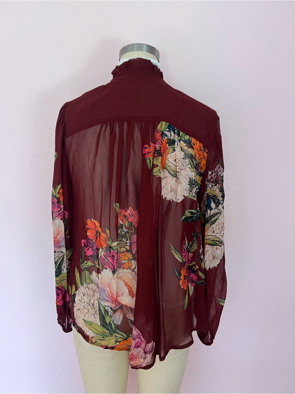 Anthropologie Burgundy Floral Sheer V-Neck Blouse - Picture 2 of 4